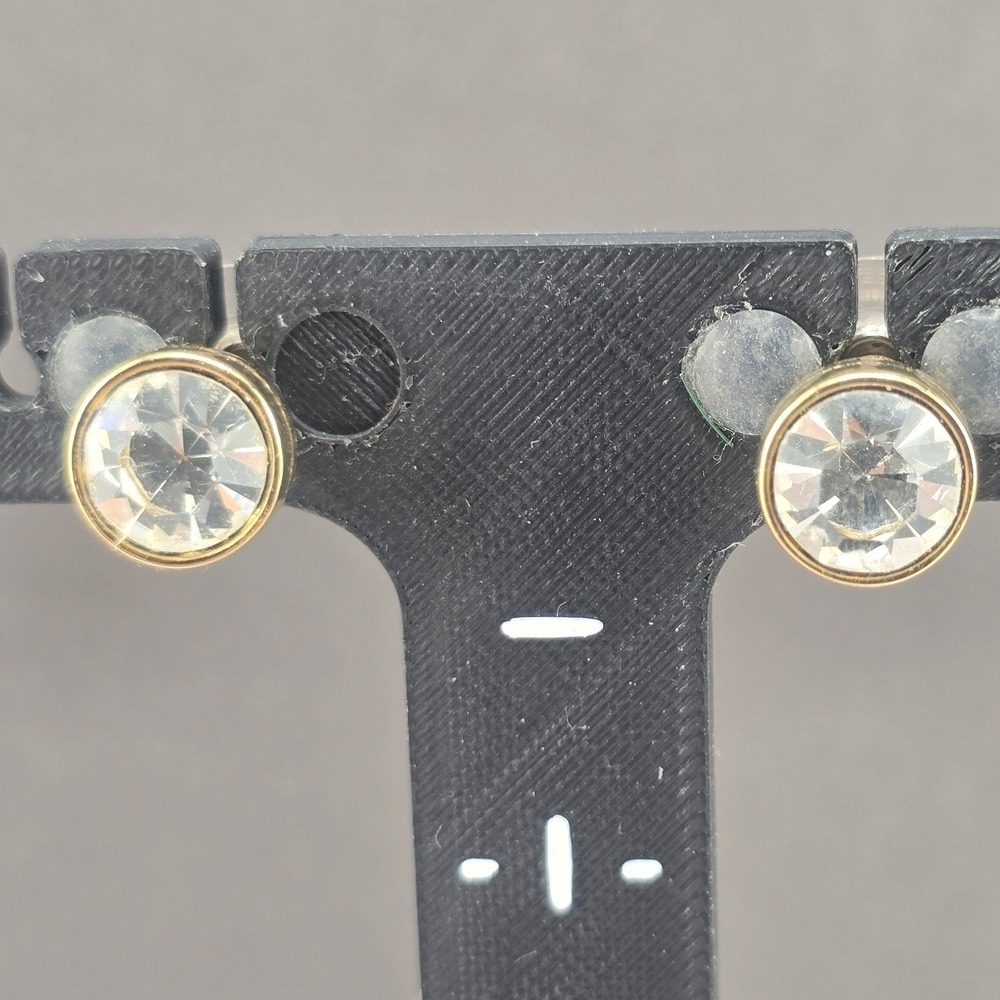 Vintage Swarovski Stud Earrings Gold Tone Bezel Set Clear Crystal Swan Logo